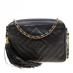 Chanel Black Chevron Leather Vintage Tassel Camera Shoulder Bag Chanel