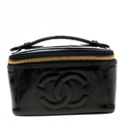 Vintage CHANEL Black Patent Leather Cosmetic Pouch Clutch Bag