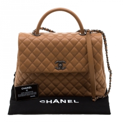 Pre Owned Chanel Tan Caviar Leather Large Quilted Coco Top Handle Bag
