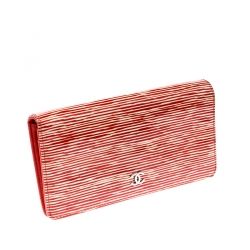 Pre Owned Chanel Orange Striped Patent Leather CC Wallet