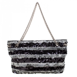 Pre Owned Chanel Black/Silver Stripe Sequins Reissue Shoulder Bag
