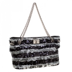 Pre Owned Chanel Black/Silver Stripe Sequins Reissue Shoulder Bag