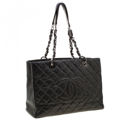 Pre Owned Chanel Metallic Grey Quilted Caviar Leather Grand Shopper Tote