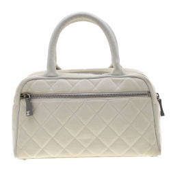 Chanel White Quilted Canvas and Leather CC Boston Bag