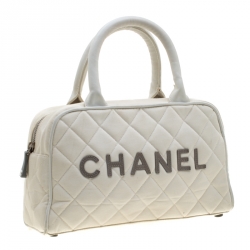 Chanel White Quilted Canvas and Leather CC Boston Bag