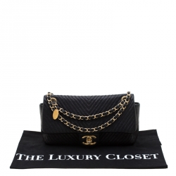 Pre Owned Chanel Black Chevron Leather Medium Flap Bag