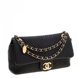 Pre Owned Chanel Black Chevron Leather Medium Flap Bag