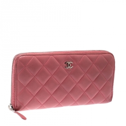 Chanel Pink Quilted Leather CC Zip Around Wallet