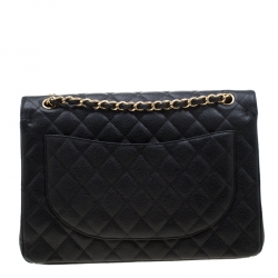Pre Owned حقيبة شانيل ماكسي كلاسيك جلد أسود مبطن بقلاب مزدوج