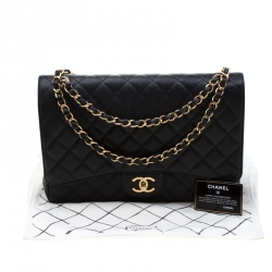 Pre Owned حقيبة شانيل ماكسي كلاسيك جلد أسود مبطن بقلاب مزدوج