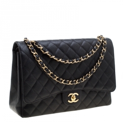 Pre Owned حقيبة شانيل ماكسي كلاسيك جلد أسود مبطن بقلاب مزدوج