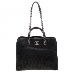 Chanel CC Logo Black Perforated Leather Medium Tote Bag