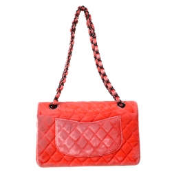 Pre Owned Chanel Coral Orange Quilted Velvet Medium Classic Double Flap Bag