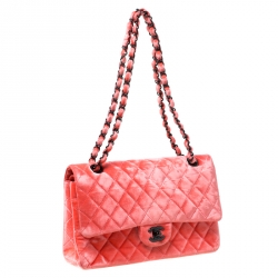 Pre Owned Chanel Coral Orange Quilted Velvet Medium Classic Double Flap Bag