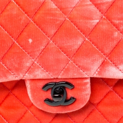 Pre Owned Chanel Coral Orange Quilted Velvet Medium Classic Double Flap Bag