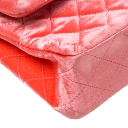 Pre Owned Chanel Coral Orange Quilted Velvet Medium Classic Double Flap Bag