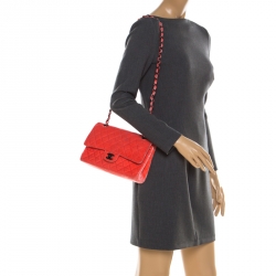 Pre Owned Chanel Coral Orange Quilted Velvet Medium Classic Double Flap Bag