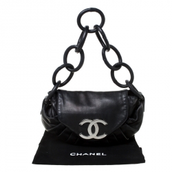Pre Owned Chanel Black Pleated Leather Rings CC Flap Shoulder Bag