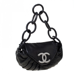 Pre Owned Chanel Black Pleated Leather Rings CC Flap Shoulder Bag