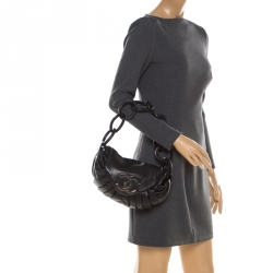 Pre Owned Chanel Black Pleated Leather Rings CC Flap Shoulder Bag