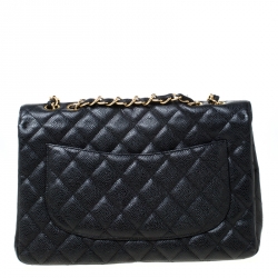 Pre Owned Chanel Black Quilted Caviar Leather Jumbo Classic Single Flap Bag