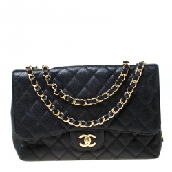 Pre Owned Chanel Black Quilted Caviar Leather Jumbo Classic Single Flap Bag