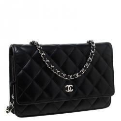 Pre Owned حقيبة كلتش شانيل WOC جلد أسود مبطن بسلسلة
