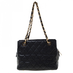 Pre Owned حقيبة يد شانيل شوبر تايمليس صغيرة جلد كافيار مبطنة سوداء