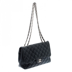 Pre Owned Chanel Navy Blue Quilted Leather Jumbo Classic Single Flap Bag