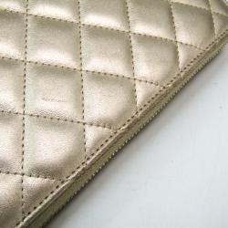 Pre Owned Chanel Gold Lambskin Leather Matelasse Zip Around Long Wallet