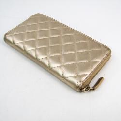 Pre Owned Chanel Gold Lambskin Leather Matelasse Zip Around Long Wallet