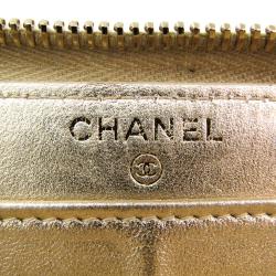 Pre Owned Chanel Gold Lambskin Leather Matelasse Zip Around Long Wallet
