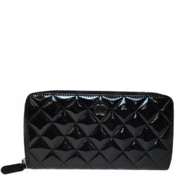 مملوكة مسبقًا Chanel Black Quilted Enamel Leather Long Wallet
