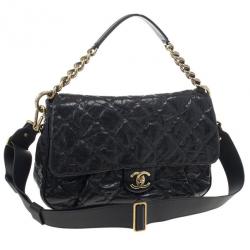 Chanel Black Quilted Glazed Cavier Leather Coco Pleats Messenger Bag