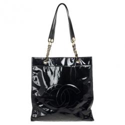 Pre Owned Chanel Black Patent Leather CC Logo Jumbo Shopping Tote Bag