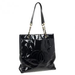 Pre Owned Chanel Black Patent Leather CC Logo Jumbo Shopping Tote Bag
