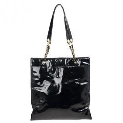 Pre Owned Chanel Black Patent Leather CC Logo Jumbo Shopping Tote Bag