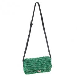 Pre Owned Chanel Green Easy Tweed Medium Flap