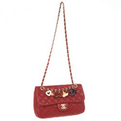 Pre Owned Chanel Red Classic Quilted Lambskin Flap Cruise Charm Bag