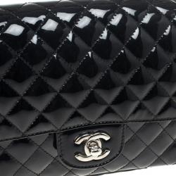 Pre Owned Chanel Black Patent Quilted Secret Label Medium Flap Bag