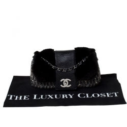 Pre Owned Chanel Black Tweed/Lizard Skin with Fur Trim Flap Shoulder Bag