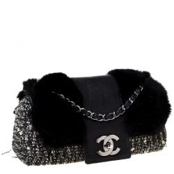 Pre Owned Chanel Black Tweed/Lizard Skin with Fur Trim Flap Shoulder Bag