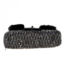 Pre Owned Chanel Black Tweed/Lizard Skin with Fur Trim Flap Shoulder Bag