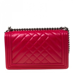 Pre Owned Chanel Dark Pink Lambskin Leather Chevron New Medium Boy Bag