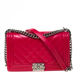 Pre Owned Chanel Dark Pink Lambskin Leather Chevron New Medium Boy Bag