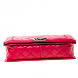 Pre Owned Chanel Dark Pink Lambskin Leather Chevron New Medium Boy Bag