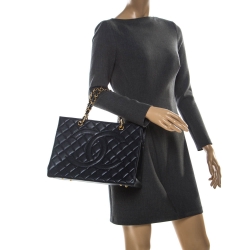 Pre Owned Chanel Navy Blue Quilted Caviar Leather Timeless Shopper Tote