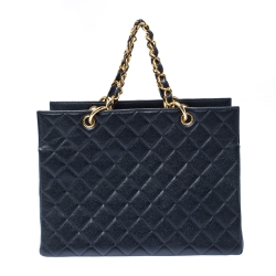 Pre Owned Chanel Navy Blue Quilted Caviar Leather Timeless Shopper Tote
