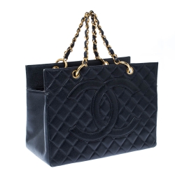 Pre Owned Chanel Navy Blue Quilted Caviar Leather Timeless Shopper Tote