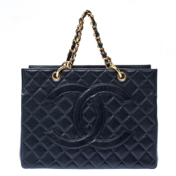 Pre Owned Chanel Navy Blue Quilted Caviar Leather Timeless Shopper Tote
